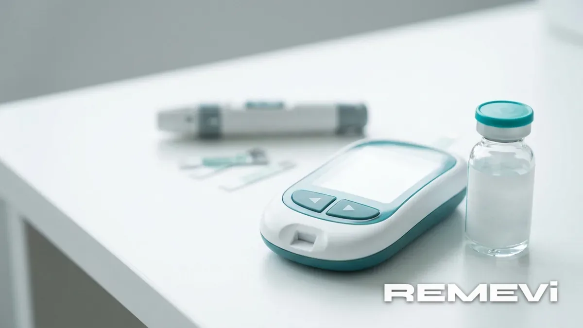 A glucose meter and medication vial for taking semaglutide with diabetes
