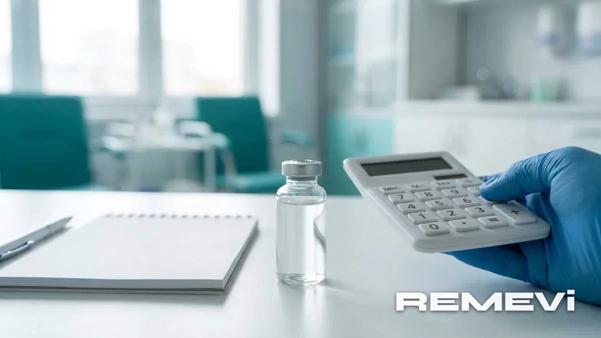 A calculator and medication vials for estimating tirzepatide cost in 2026