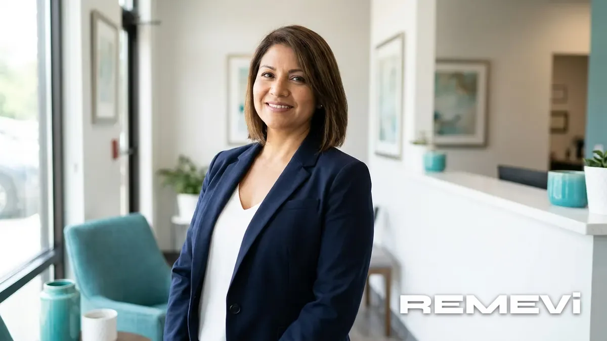 A confident Latina patient in a bright clinic for a bilingual telehealth visit