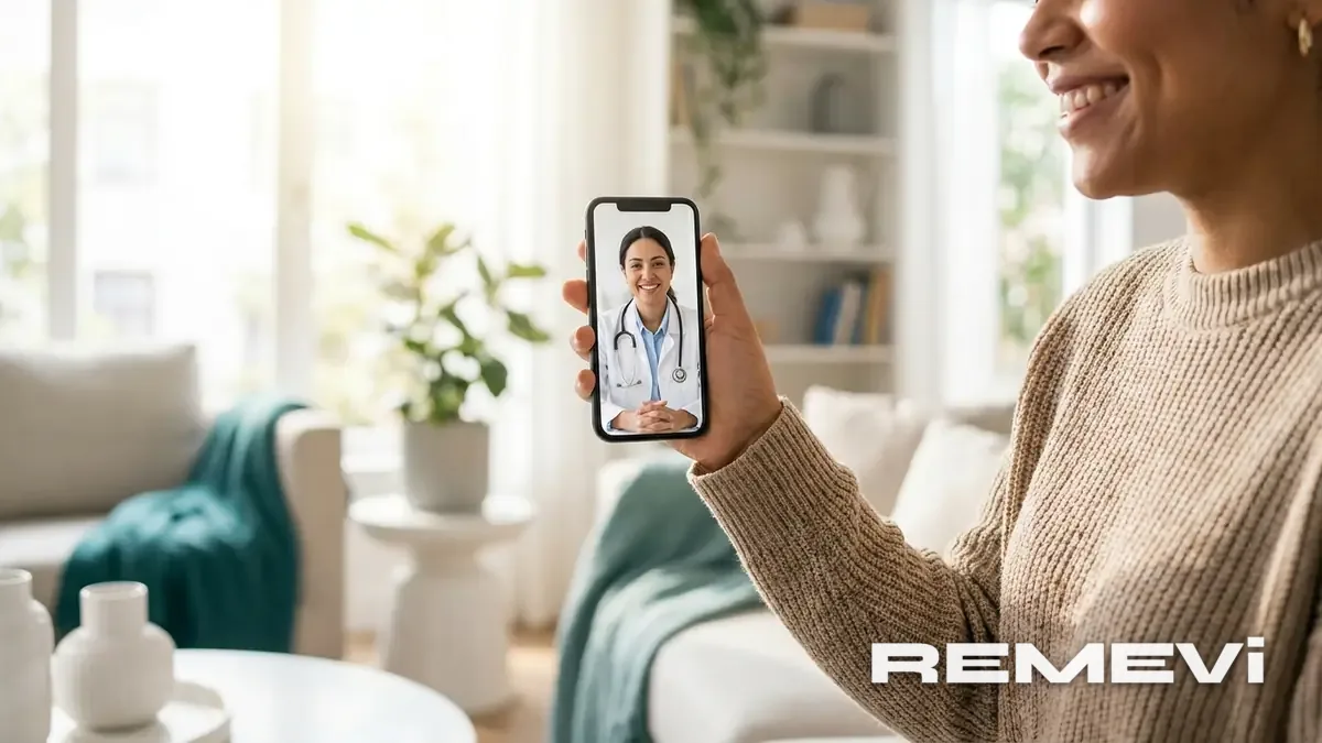 Person completing the REMEVi medical intake on their phone at home