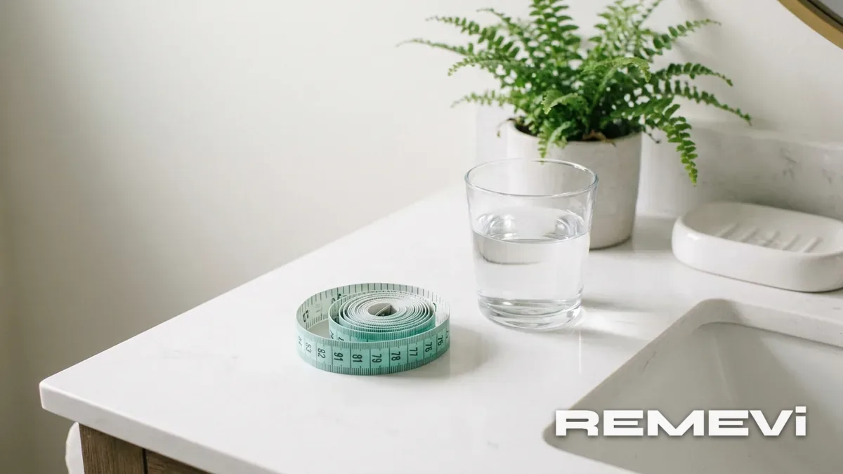 Measuring tape and a glass of water on a bright counter, representing BMI and semaglutide eligibility