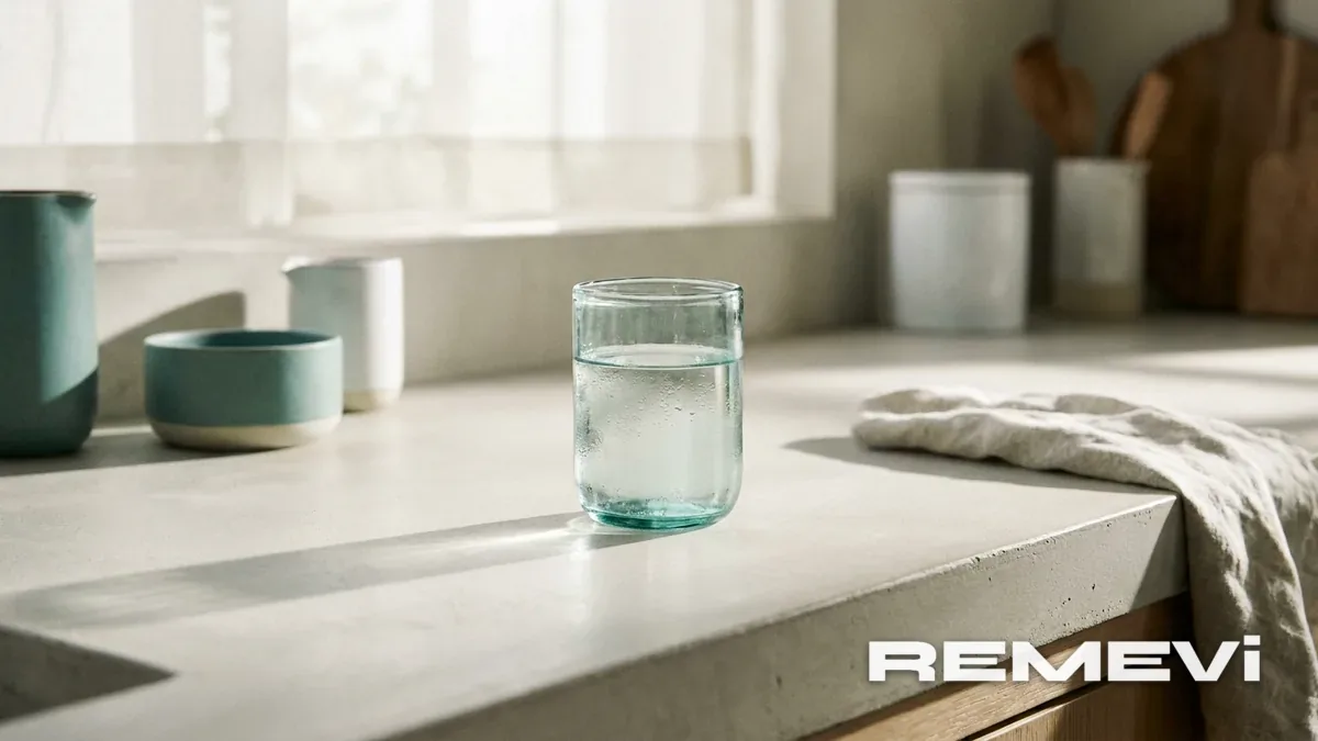 A quiet kitchen with a single glass of water, illustrating quieted food noise