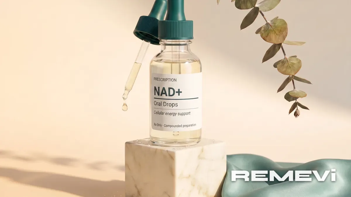 An NAD+ vial with a dropper in a clinical setting