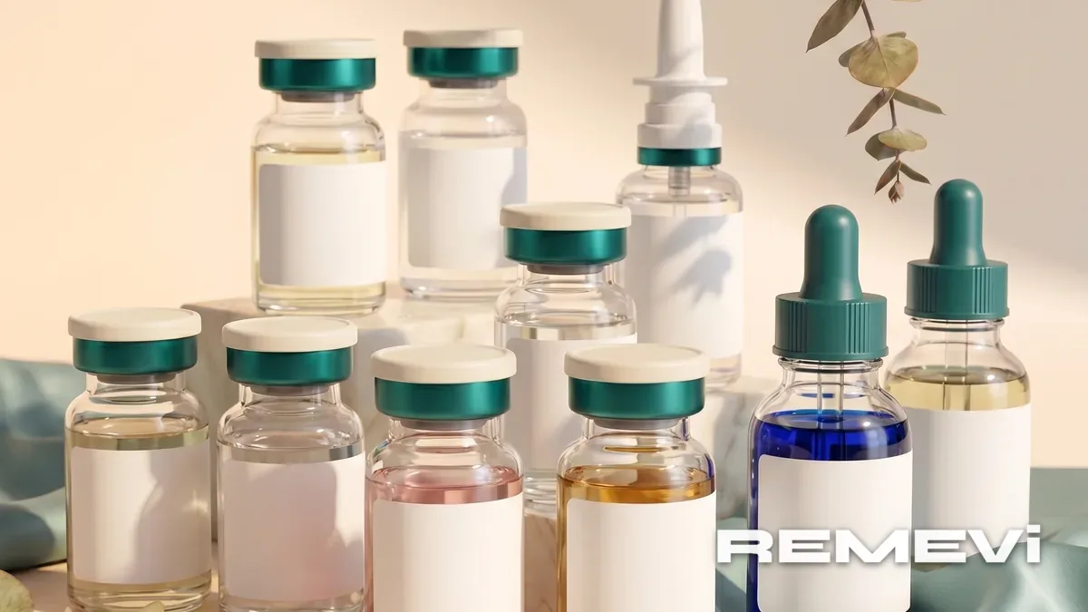 A lineup of growth-hormone peptide vials