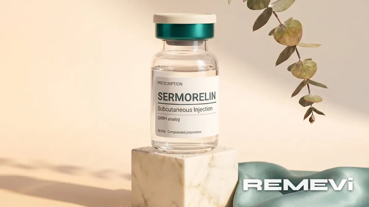 A sermorelin vial and syringe prepared for injection