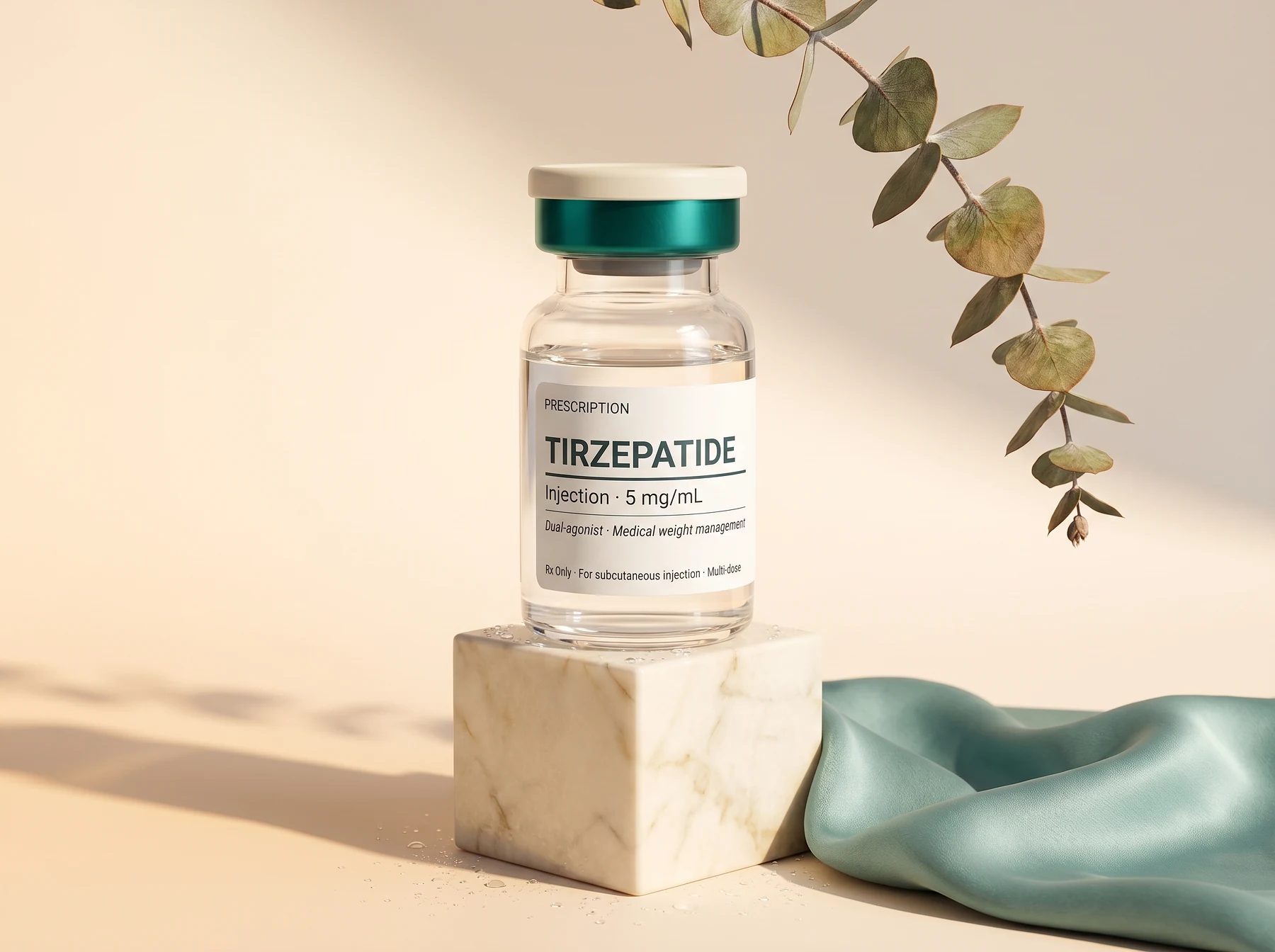 REMEVi compounded tirzepatide injection vial elevated on cream marble pedestal with eucalyptus and flowing teal silk fabric at the base