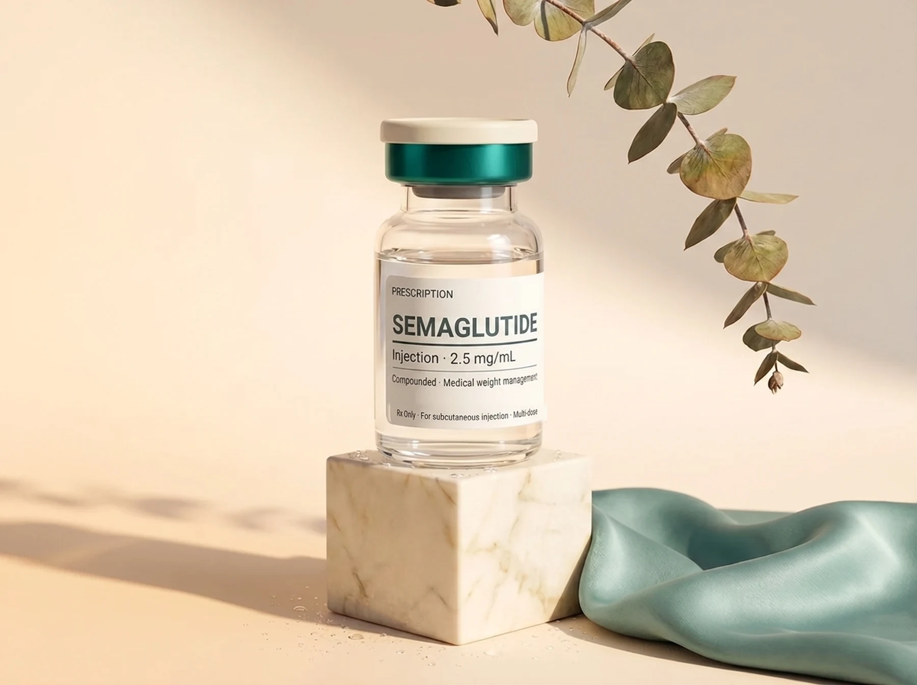 REMEVi compounded semaglutide vial with a teal cap and prescription label, raised on a cream marble pedestal with eucalyptus and teal silk