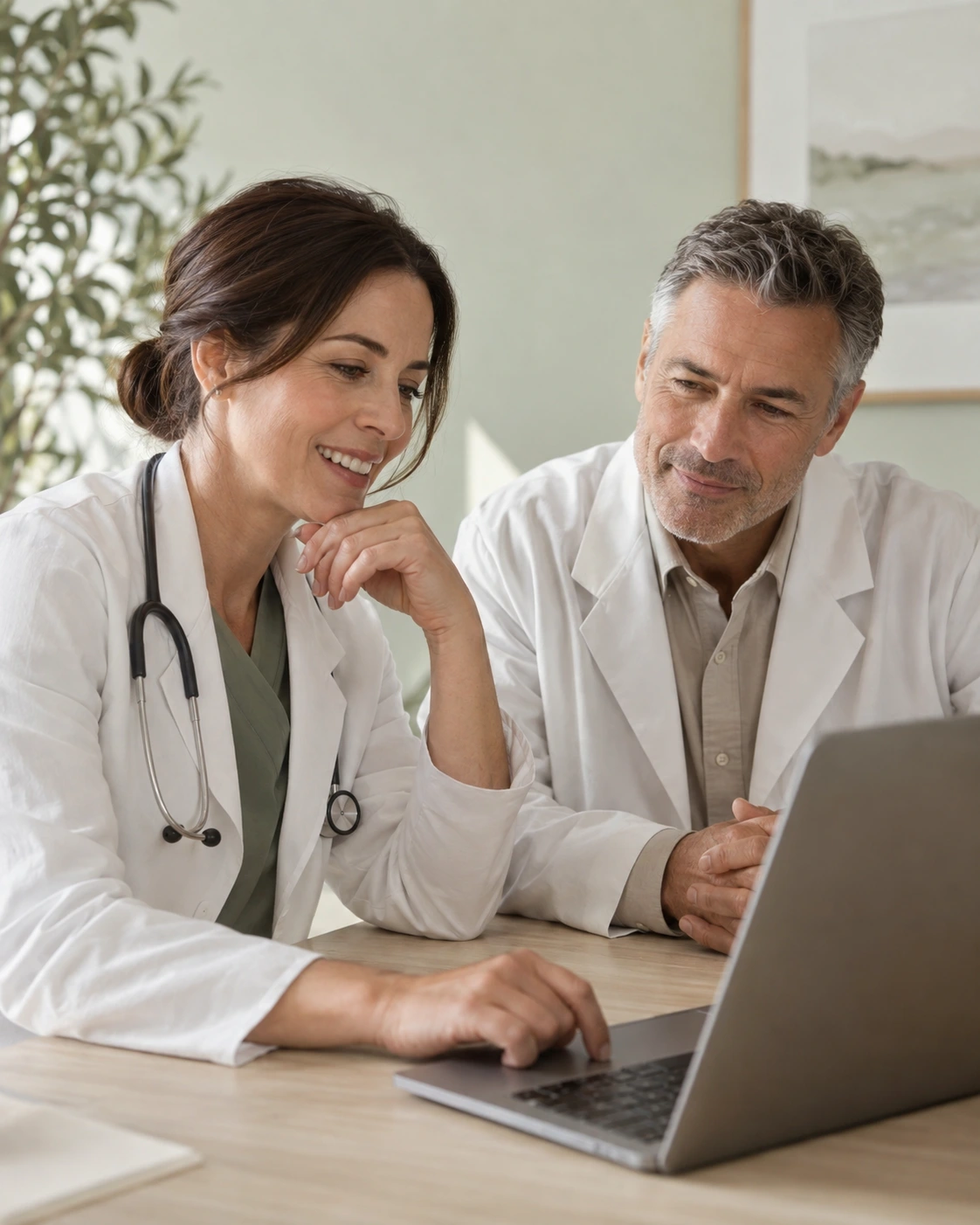 Illustration of two clinicians reviewing a laptop together