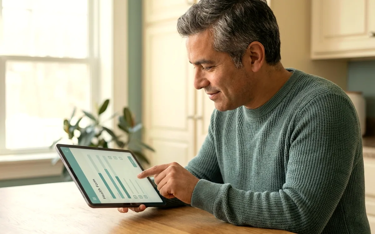 Man completing the REMEVi medical intake on a tablet at his kitchen table
