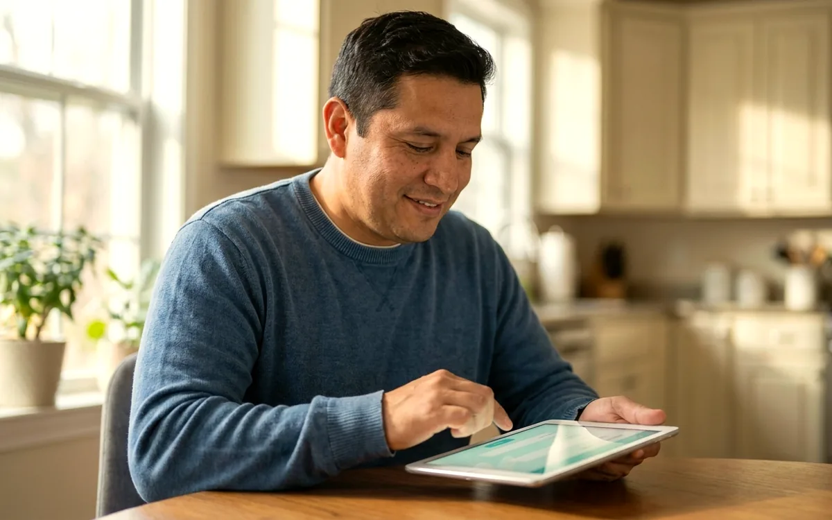 Hombre completando la admisión médica de REMEVi en una tableta, en la mesa de su cocina